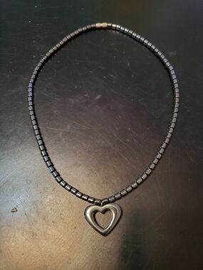 Women's Black Heart Pendant Hematite Beaded Necklace